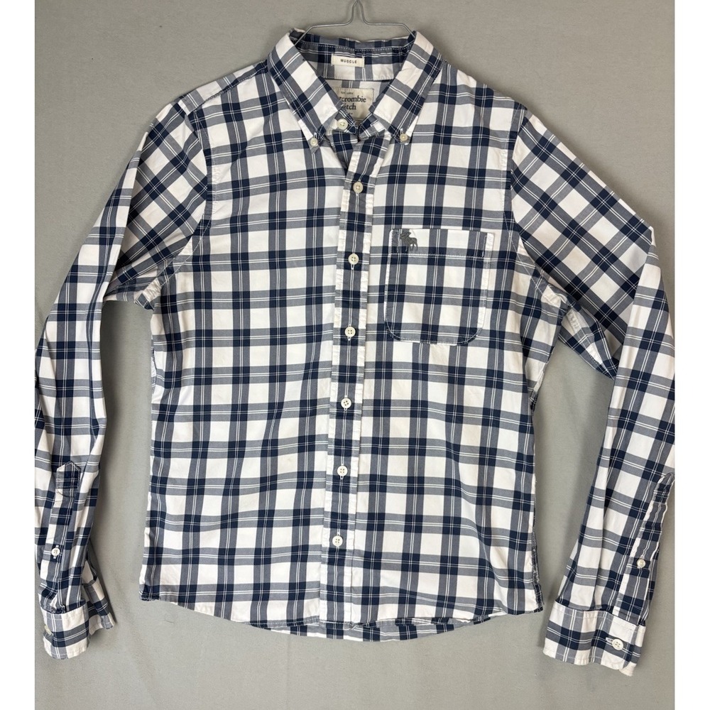 Abercrombie &‎ Fitch Men's Medium Shirt Blue White Plaid Muscle Fit Button Down